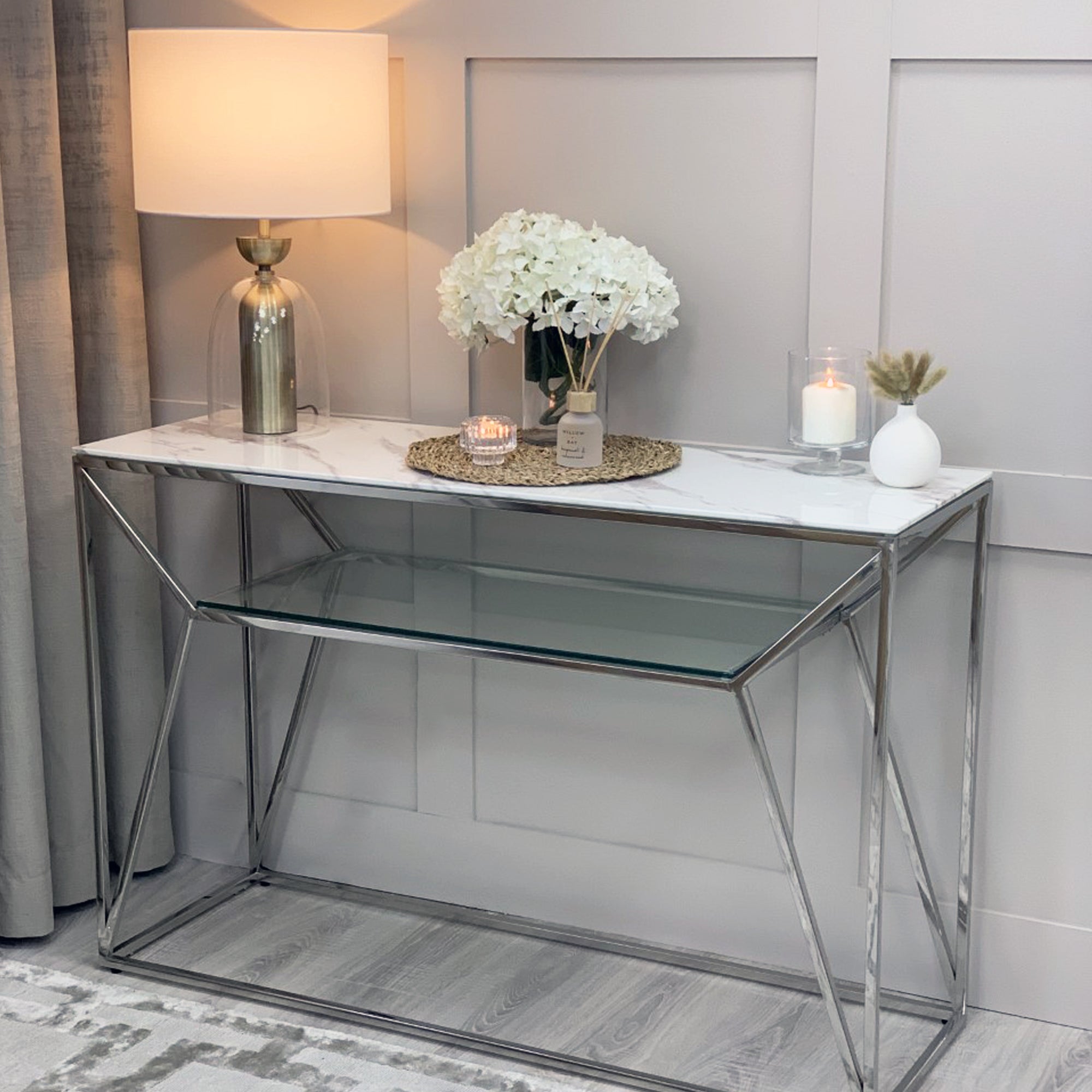 Ava Silver Chrome Console Table With White Marble Effect Top